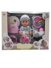 EPT1421564 12 Inch English 12 Sound Ic Water Baby Dolls Toys With Urine Basin Diaper Absorbent Bottle Tissue Box Backpack